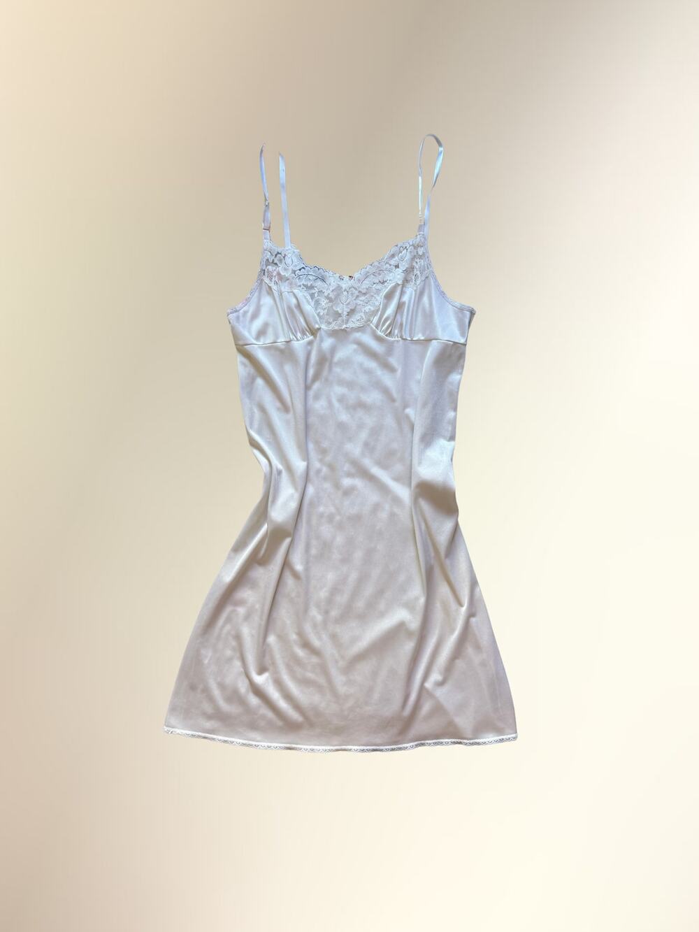 Vintage White Nylon Satin Floral Lace Trim Slip Mini Dress Lingerie Women's M